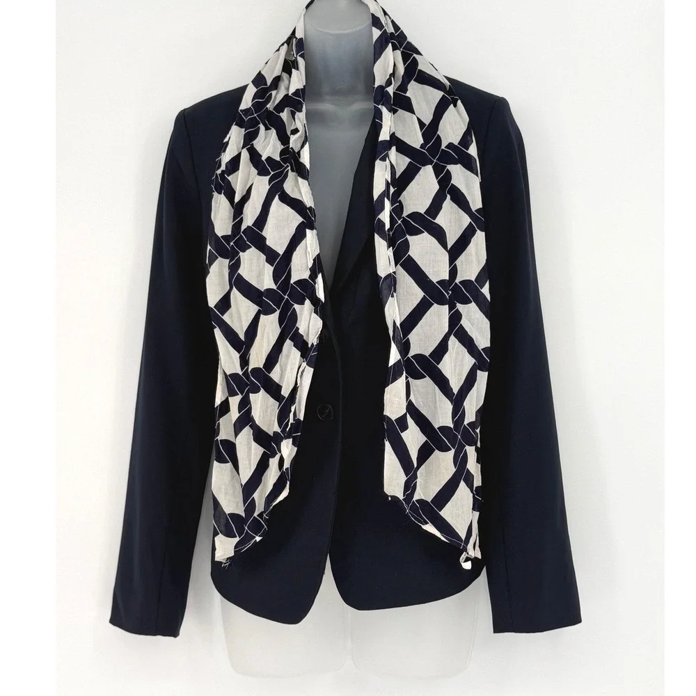 Navy Blue White Geometric Chain Link Cotton Scarf Lightweight Coastal Chic 92-20